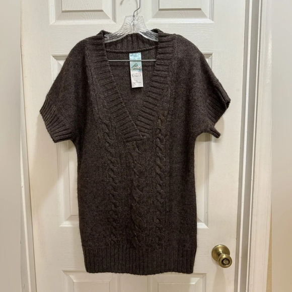 Aphorism Brown V Neck Tunic Length Short Sleeve Sweater Size Large Wool Alpaca - Picture 1 of 6